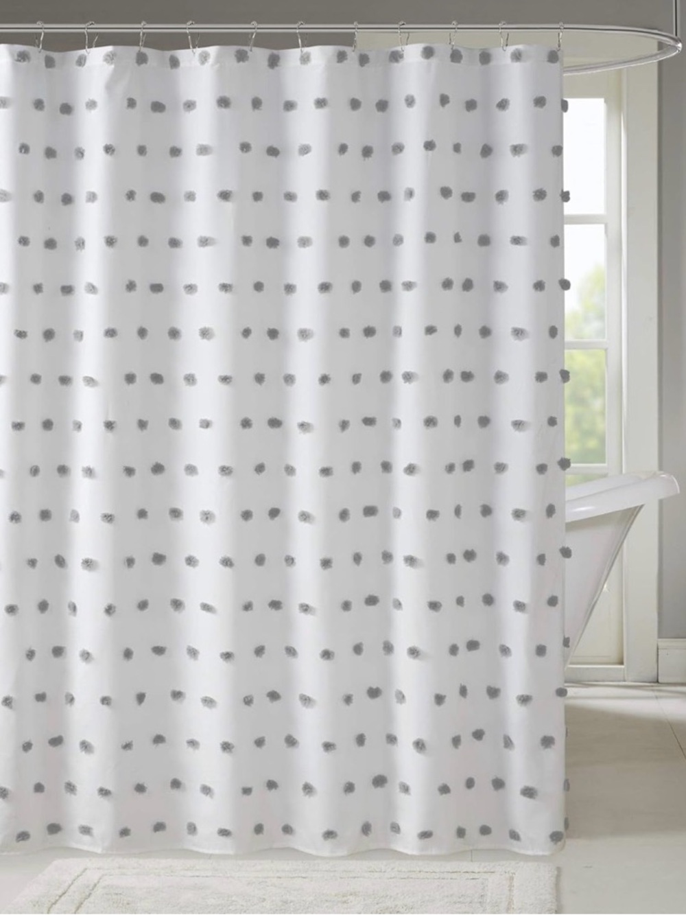 Madison Park White Shower Curtain with Gray Dot Motif